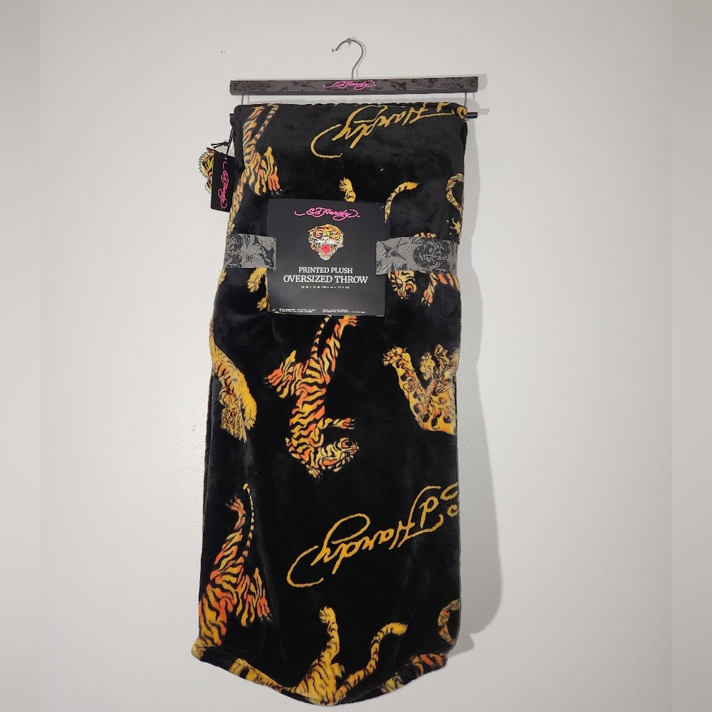 Ed Hardy Black "Fiery Tiger" Soft Plush Throw